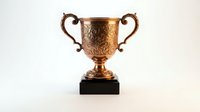 Golden bronze trophy cup with ornate handles on black base isolated on white background for awards ceremonies and achievement recognition designs.