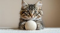 Adorable tabby kitten with fluffy fur and bright eyes lying on carpet, holding white golf ball between paws. Close up portrait against neutral background.
