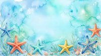 Watercolor ocean background with colorful starfish and seaweed border for summer marine designs and coastal themed projects.