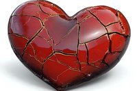Red broken heart with cracks and fractures on glossy surface symbolizing emotional pain, heartbreak, and relationship struggles, isolated on white background.