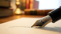 Elegant fountain pen with ornate gold nib drawing fine line on cream paper in warm study setting with blurred books creating professional writing atmosphere.