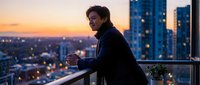 Young Asian businessman in suit standing on modern balcony overlooking illuminated city skyline at sunset, holding coffee cup in contemplative moment.