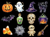 Spooky Halloween icons collection featuring jack-o-lantern, ghost, witch hat, black cat, bat, poison bottle, skull, cauldron, candy corn, spider web, mummy, and broomstick isolated on transparent background for t-shirt designs, stickers, clipart, and print-on-demand projects.