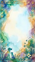 Watercolor frame with dog and cat silhouettes, botanical elements, and ornate gold border on isolated white background. Perfect for pet-themed designs, greeting cards, posters, and invitations.
