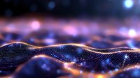 Futuristic digital wave of glowing particles forming dynamic landscape with blue and pink bokeh lights in dark background, abstract technology concept.