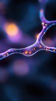 Glowing neuron synapse with electrical impulses on dark background featuring purple and orange bioluminescent effects, scientific visualization for medical research.