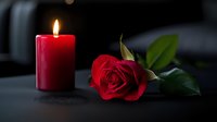 Single red rose and burning candle on dark background create romantic atmosphere, symbolizing love, remembrance, and intimate moments.