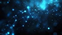 Glowing blue network connections with light particles floating in dark space create futuristic technology background for science and data concepts.