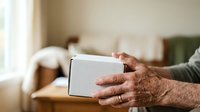 Senior man with age spots and wrinkles holding white box in living room with blurred family members in background, suitable for family, healthcare, and lifestyle content.