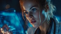 Young woman with intense gaze in blue-toned lighting, working at digital interface with stylus in hand, portraying concentration and technological expertise.