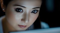 Young Asian woman with striking blue eyes looking at laptop screen in dim lighting creating dramatic portrait with technology reflection.
