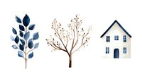Watercolor botanical elements with house isolated on white background for home decor and design projects.