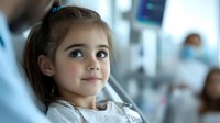 Young girl patient with hopeful expression in hospital bed, wearing white gown, medical setting with monitoring equipment in background, soft natural lighting.