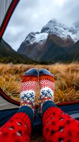 Cozy knitted winter socks with traditional Nordic pattern against dramatic mountain landscape and golden grass. View from camping tent in wilderness.