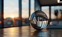 Crystal ball on wooden surface reflects modern architecture and sunset through windows, creating magical atmosphere with lens ball photography.