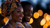 Young African woman wearing colorful headwrap and jewelry smiles radiantly at sunset, with warm bokeh lights and male companion in background creating romantic mood.