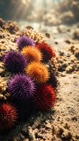Colorful sea urchins cluster on rocky ocean floor with sunlight filtering through water creating natural underwater marine ecosystem scene.