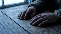 Elderly hands resting on weathered wooden table surface showing age and life experience in moody atmospheric lighting for emotional storytelling concepts.