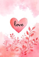 Watercolor pink heart with love lettering and floral elements on soft blush background for Valentine's cards and romantic designs.