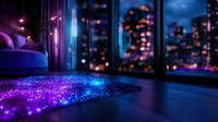 Magical glowing particles scattered on dark floor in luxury apartment with panoramic windows and night city lights, creating dreamy atmosphere.