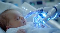 Newborn baby receiving blue light therapy treatment for jaundice in hospital. Medical equipment illuminates infant with therapeutic phototherapy while sleeping peacefully.