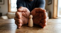Protective hands cupping wooden pawn figure on table symbolizing care, security, insurance coverage, business protection and safety concepts.