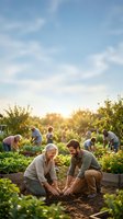 Mature woman and bearded man planting seedlings together in community garden bed during golden hour, with diverse group harvesting vegetables in background.