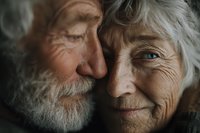 Close-up portrait of loving senior Caucasian couple with wrinkled faces and gray hair showing deep emotional connection and lifelong partnership.