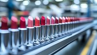 Row of pink and red lipsticks on production line with selective focus. Cosmetic manufacturing process showing quality control and mass production in makeup industry.