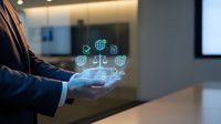 Professional businessman holding glowing digital justice scales with global network icons representing international law and legal technology solutions.