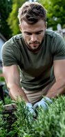 Caucasian male gardener in olive t-shirt and protective gloves tends to plants in garden. Close-up portrait shows focused expression and trimmed beard while working outdoors.