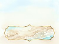 Watercolor abstract banner with gold ornamental frame border, featuring soft beige, cream and turquoise washes for elegant design projects.