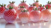Fresh ripe strawberries with water drops in soft pink lighting on light background, macro shot showing detailed texture and natural freshness.