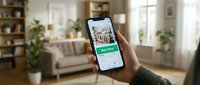 Hand holding smartphone with online shopping app showing buy now button, cozy living room interior in background, e-commerce concept.