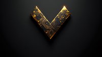 Golden circuit board in V shape on dark background with glowing elements and technological pattern, modern tech concept for digital design projects.
