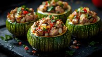 Stuffed round zucchini with seasoned meat, vegetables and herbs served on dark stone background. Homemade Mediterranean cuisine appetizer with fresh garnish.