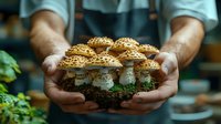 Freshly baked homemade mushroom-shaped cookies with sesame seeds on top held in baker's hands against dark background, creative pastry concept.