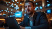 Professional businessman working on laptop in modern office with bokeh lights background during evening hours.