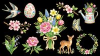 Vintage spring floral collection with bird, deer, butterfly, and botanical elements isolated on transparent background. Ready for t-shirt design, clipart, stickers, sublimation, and print-on-demand projects.