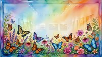 Watercolor butterflies and wildflowers frame a soft gallery interior in vibrant rainbow hues, creating a dreamy nature-inspired border composition.