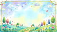 Watercolor kids background with smiling clouds, colorful trees, flowers, butterflies, and stars forming a cheerful spring frame for cards or invitations.