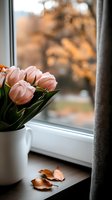 Fresh pink tulips in white mug on windowsill with autumn view and fallen leaves, creating cozy home atmosphere. Natural daylight adds warmth to romantic composition.