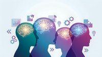 Business team brainstorming with glowing brain networks and digital icons representing innovation, artificial intelligence and creative thinking process.