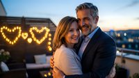 Happy mature couple embracing on rooftop terrace with heart-shaped string lights at sunset, romantic evening celebration for anniversary or Valentine's Day.