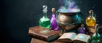 Magical alchemy laboratory with glowing potions, ancient spellbooks, copper cauldron and colorful glass bottles creating mystical atmosphere for fantasy themes.