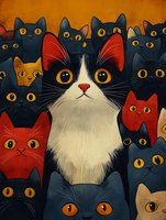 Curious tuxedo cat surrounded by crowd of red, black and ginger cats with bright yellow eyes against orange background, stylized cartoon illustration for pet art.