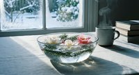 Glass bowl with floating candles and pine branches on wooden table by winter window creating cozy holiday atmosphere for seasonal home decor and relaxation.