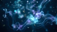 Glowing neon waves and particles flow across dark background, creating abstract energy and light effects for digital design, technology, and motion graphics projects.