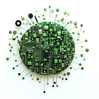 Circular electronic circuit board with radiating pins and components in green and black tones, representing technology and innovation.