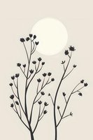 Minimalist botanical silhouette of delicate wildflowers against cream background with full moon, creating serene nature artwork suitable for modern home decor.